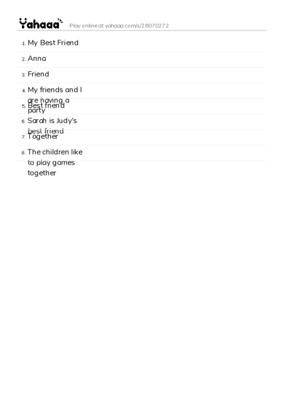 Word list with meanings worksheet for My Best Friend, Anna, Friend and 5 more