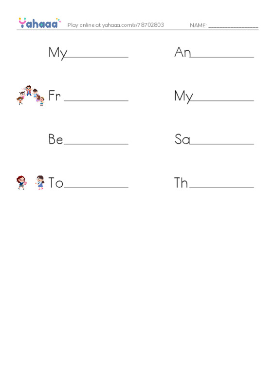 Write the word rows worksheet for My Best Friend, Anna, Friend and 5 more