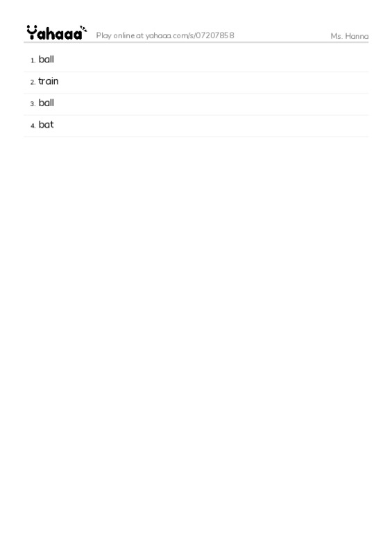 Word list with meanings worksheet for Ms. Hanna
