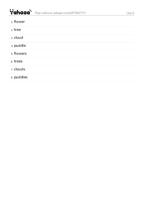 Word list with meanings worksheet for Unit 5