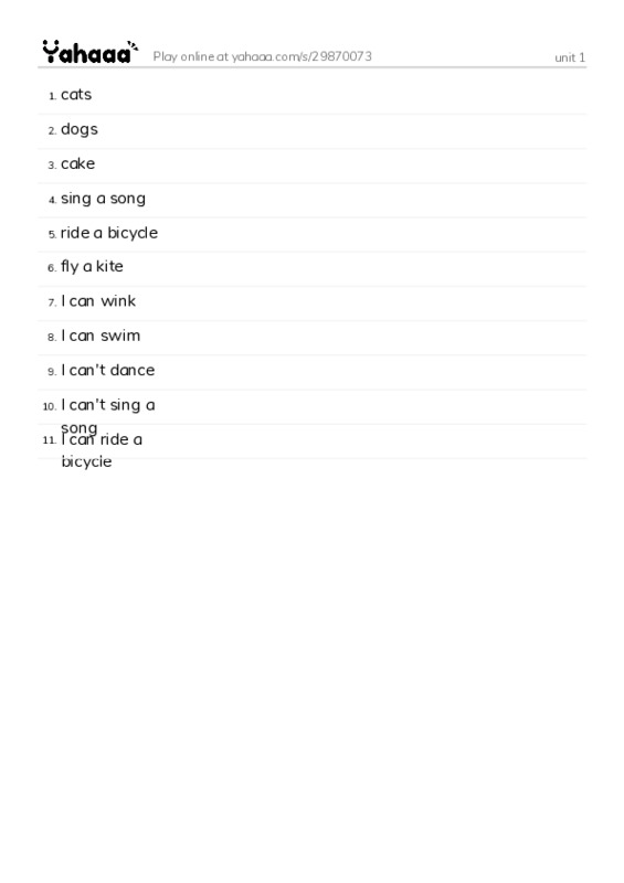 Word list with meanings worksheet for unit 1
