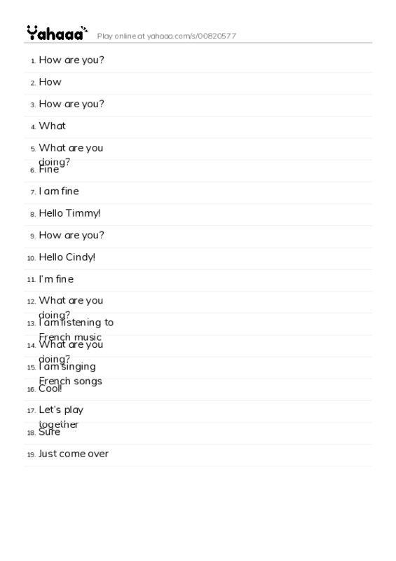 Word list with meanings worksheet for How are you