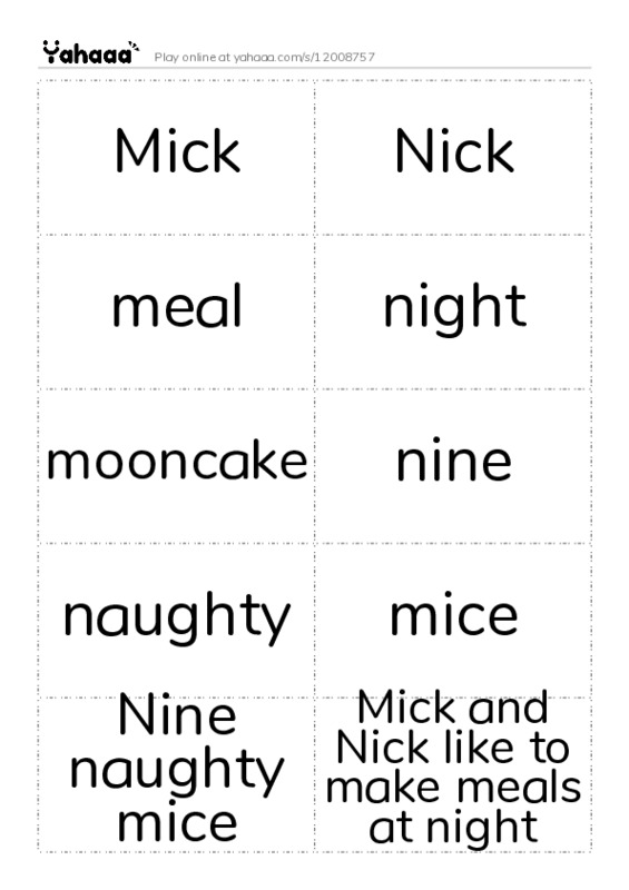 Word flashcards worksheet for Mick, Nick, meal and 11 more