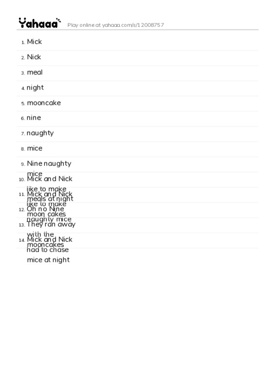 Word list with meanings worksheet for Mick, Nick, meal and 11 more