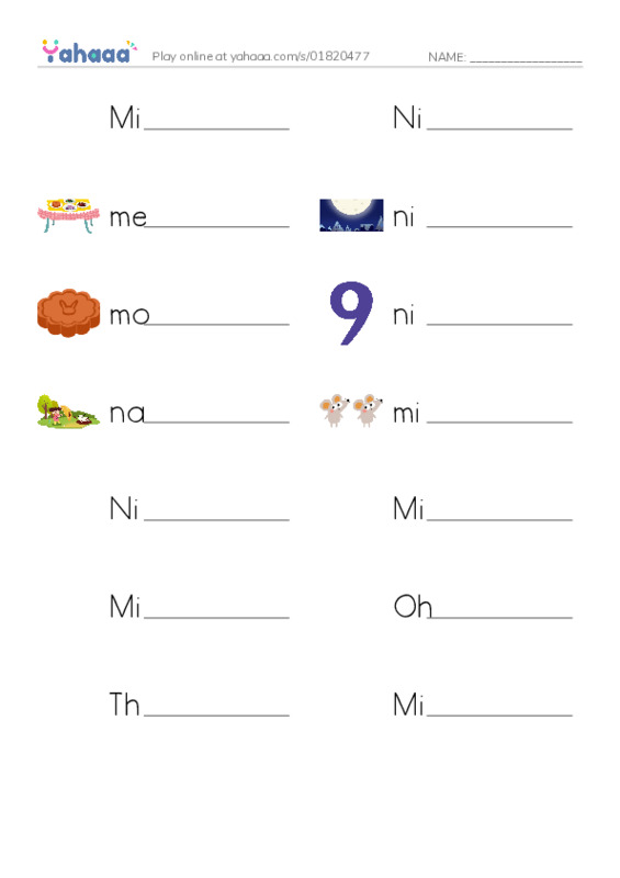 Write the word rows worksheet for Mick, Nick, meal and 11 more
