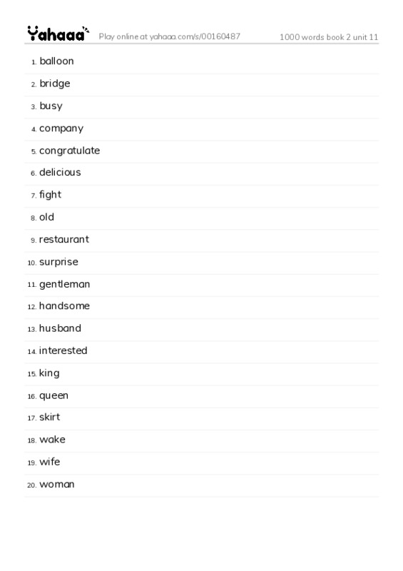 Word list with meanings worksheet for 1000 words book 2 unit 11