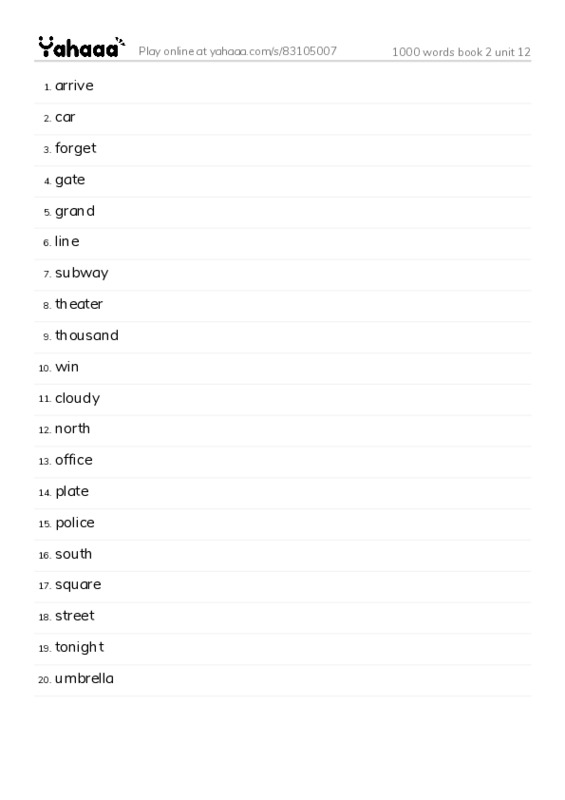 Word list with meanings worksheet for 1000 words book 2 unit 12
