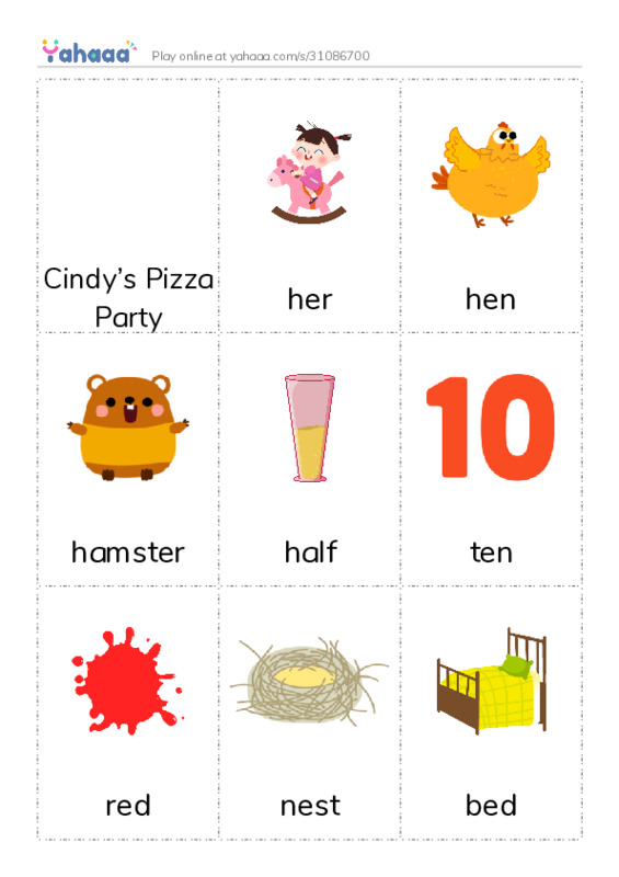 Picture flashcards worksheet for Cindy’s Pizza Party, her, hen and 12 more
