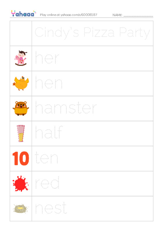 Picture and word rows worksheet for Cindy’s Pizza Party, her, hen and 12 more