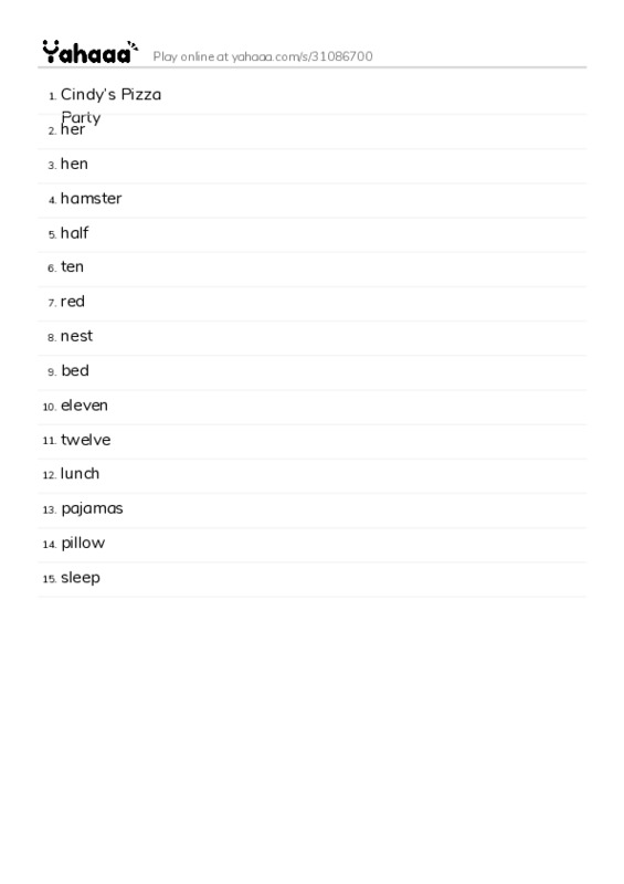 Word list with meanings worksheet for Cindy’s Pizza Party, her, hen and 12 more