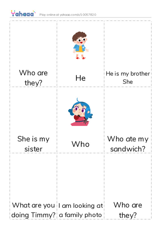 Picture flashcards worksheet for Who are they?, He, He is my brother
She and 11 more