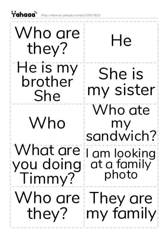 Word flashcards worksheet for Who are they?, He, He is my brother
She and 11 more