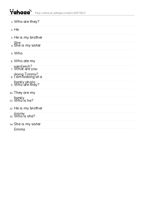 Word list with meanings worksheet for Who are they?, He, He is my brother
She and 11 more