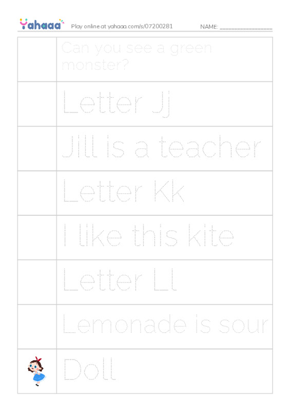 Picture and word rows worksheet for Can you see a green monster?, Letter Jj, Jill is a teacher and 16 more