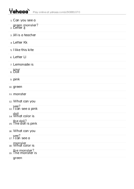 Word list with meanings worksheet for Can you see a green monster?, Letter Jj, Jill is a teacher and 16 more