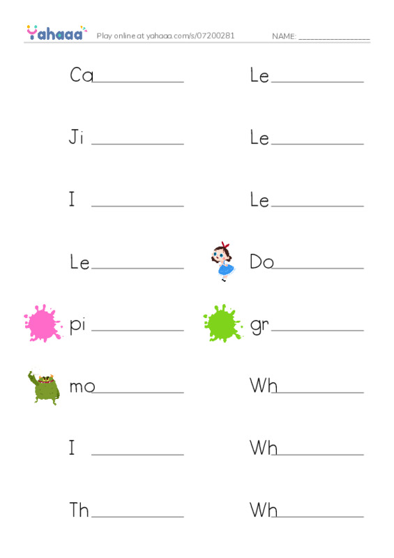Write the word rows worksheet for Can you see a green monster?, Letter Jj, Jill is a teacher and 16 more