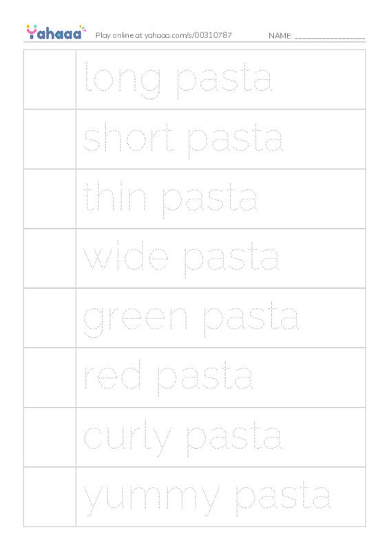 Picture and word rows worksheet for pasta
