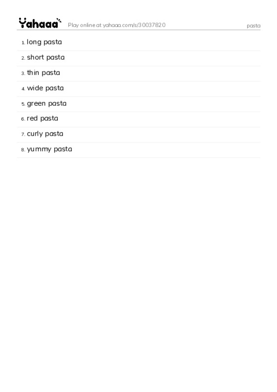 Word list with meanings worksheet for pasta