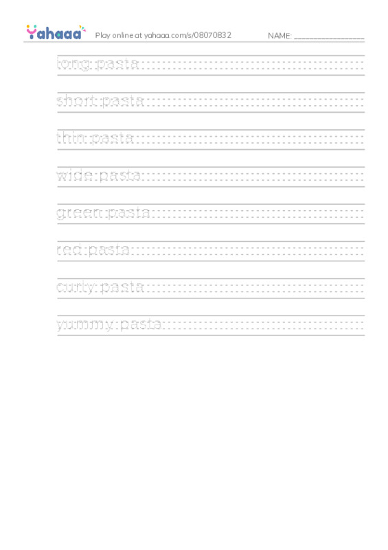 Handwriting lines worksheet for pasta