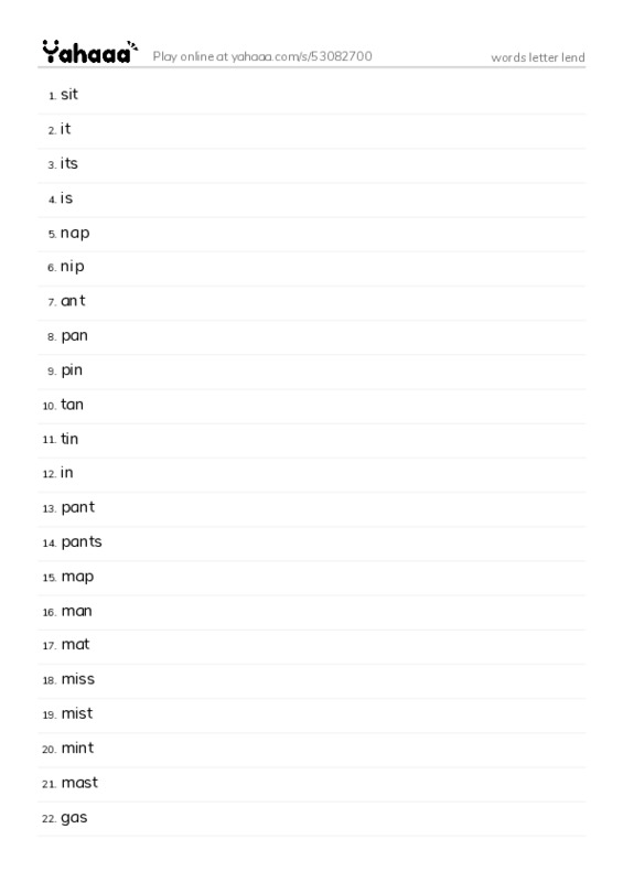 Word list with meanings worksheet for words letter lend