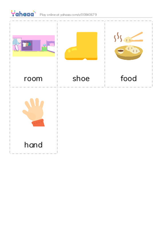 Picture flashcards worksheet for room, shoe, food and 1 more