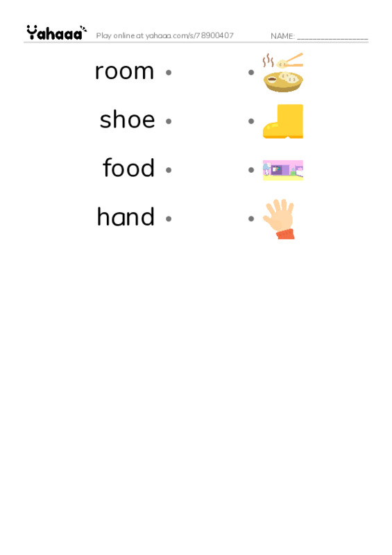 Draw a line to match worksheet for room, shoe, food and 1 more