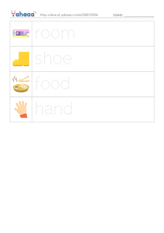 Picture and word rows worksheet for room, shoe, food and 1 more
