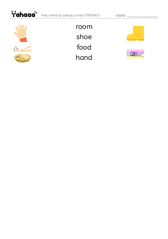 Match both sides worksheet for room, shoe, food and 1 more