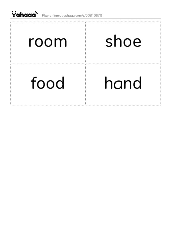 Word flashcards worksheet for room, shoe, food and 1 more