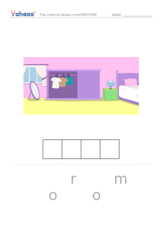 Letter scramble puzzle worksheet for room, shoe, food and 1 more