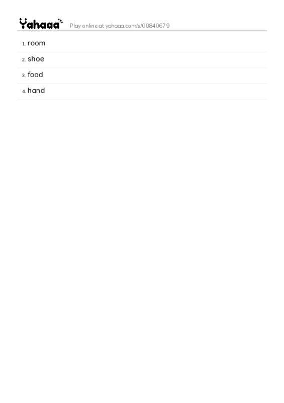 Word list with meanings worksheet for room, shoe, food and 1 more