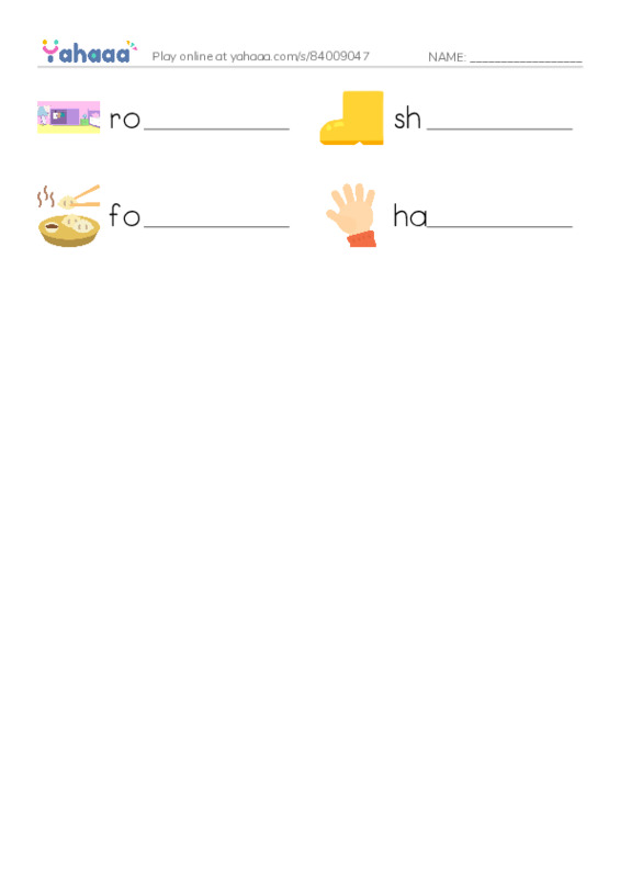 Write the word rows worksheet for room, shoe, food and 1 more