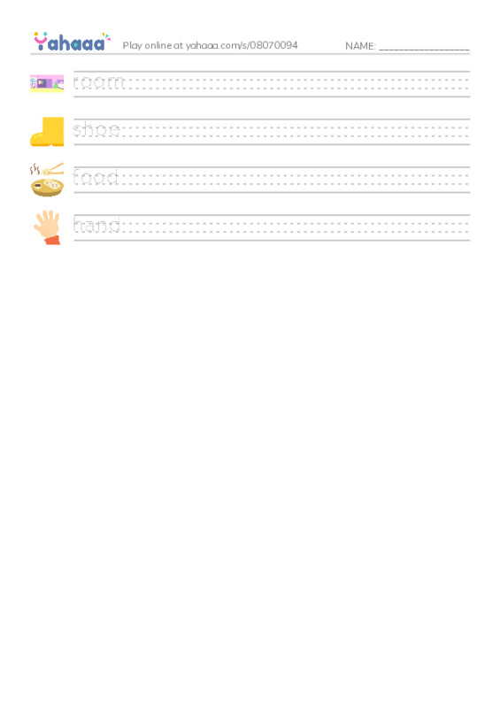 Handwriting lines worksheet for room, shoe, food and 1 more