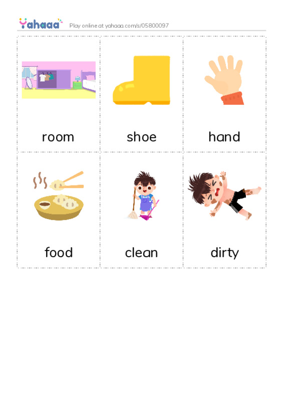 Picture flashcards worksheet for room, shoe, hand and 3 more