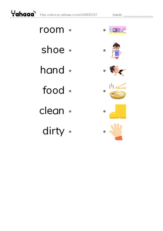 Draw a line to match worksheet for room, shoe, hand and 3 more
