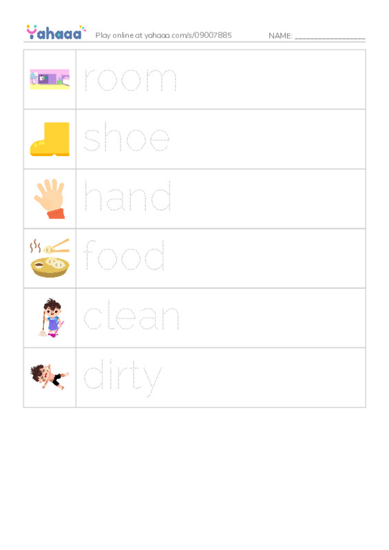 Picture and word rows worksheet for room, shoe, hand and 3 more