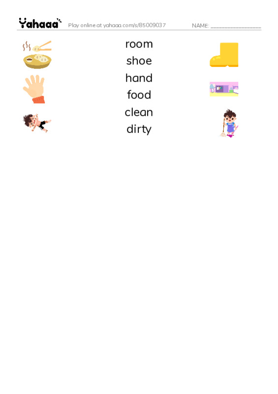 Match both sides worksheet for room, shoe, hand and 3 more
