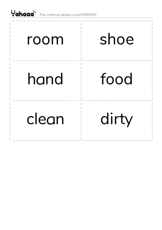 Word flashcards worksheet for room, shoe, hand and 3 more