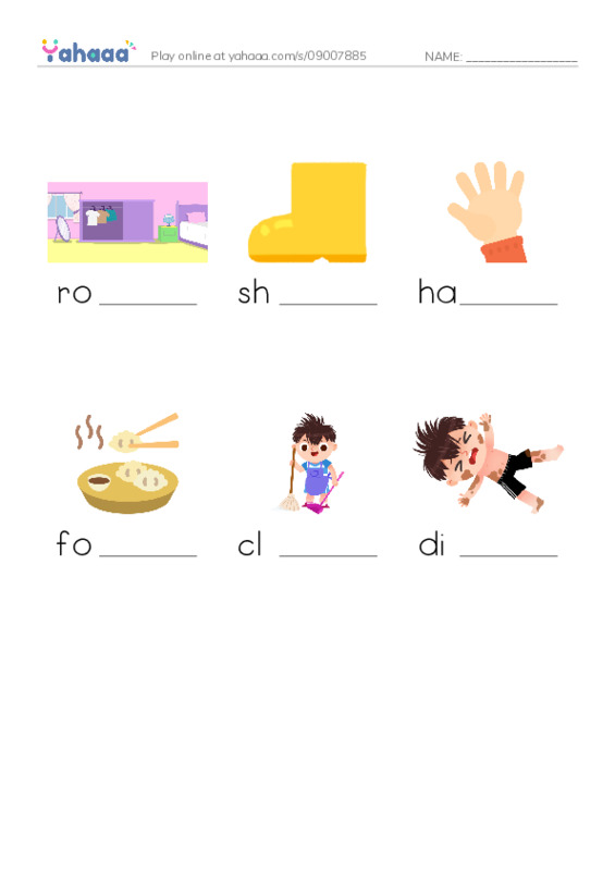 Finish the word worksheet for room, shoe, hand and 3 more