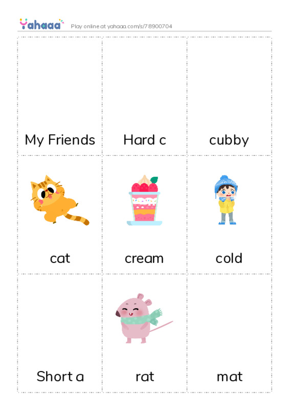 Picture flashcards worksheet for My Friends, Hard c, cubby and 29 more