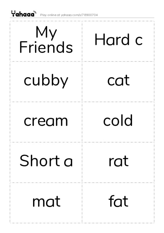 Word flashcards worksheet for My Friends, Hard c, cubby and 29 more