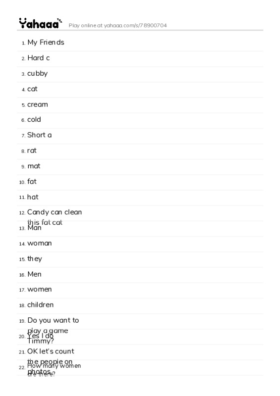 Word list with meanings worksheet for My Friends, Hard c, cubby and 29 more