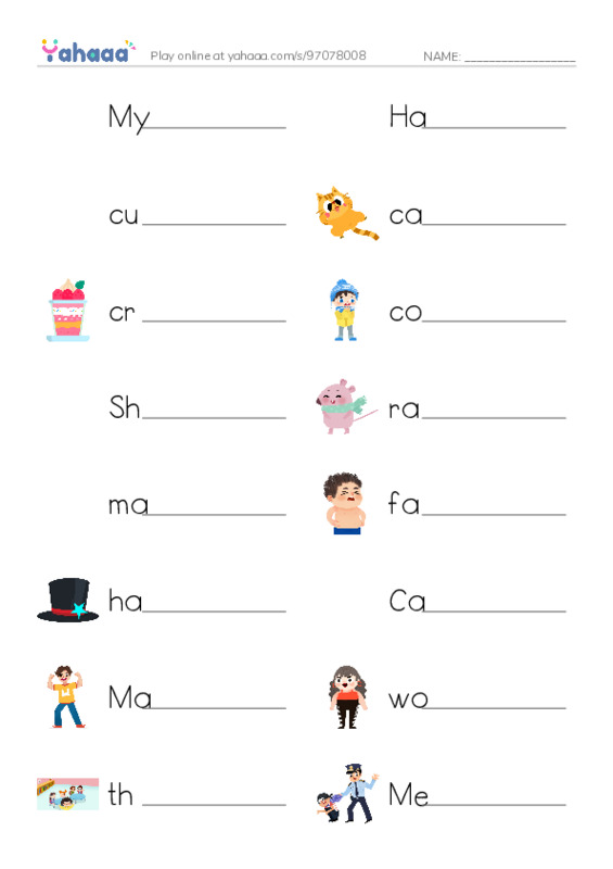 Write the word rows worksheet for My Friends, Hard c, cubby and 29 more