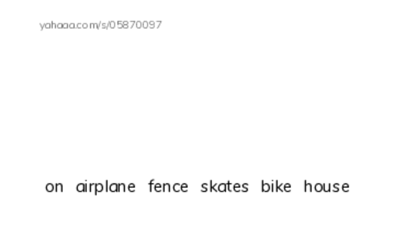 Index cards with pictures worksheet for on，airplane，fence，skates，bike，house