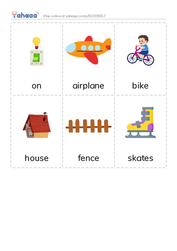 Picture flashcards worksheet for on, airplane, bike and 3 more