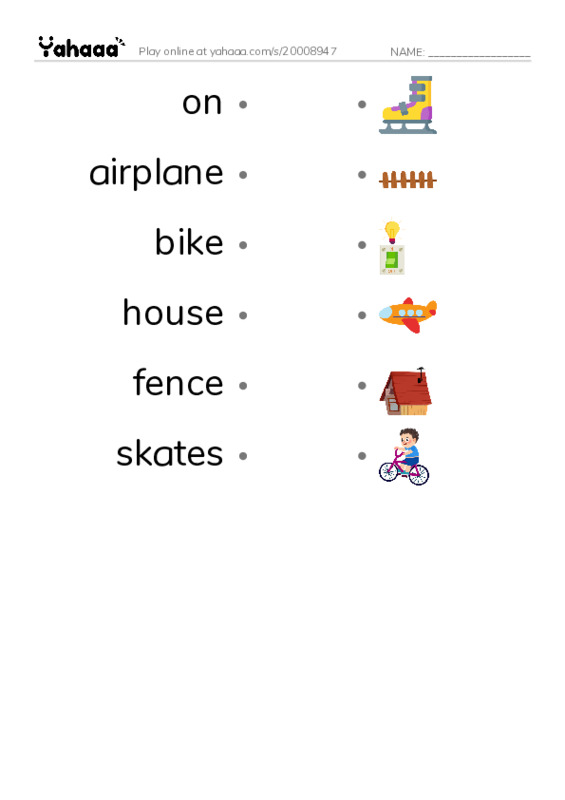 Draw a line to match worksheet for on, airplane, bike and 3 more