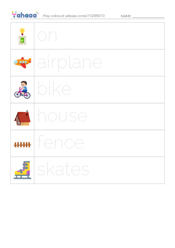 Picture and word rows worksheet for on, airplane, bike and 3 more