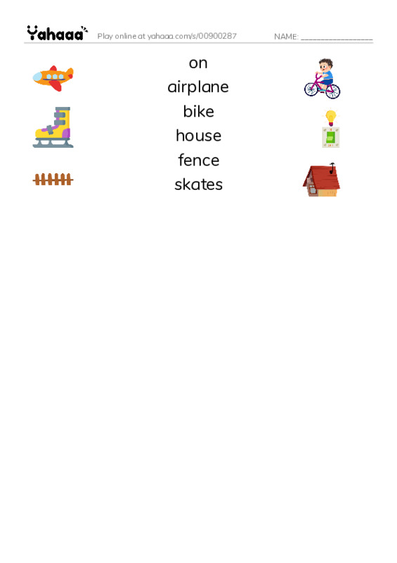 Match both sides worksheet for on, airplane, bike and 3 more