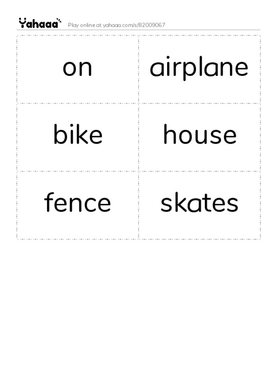 Word flashcards worksheet for on, airplane, bike and 3 more
