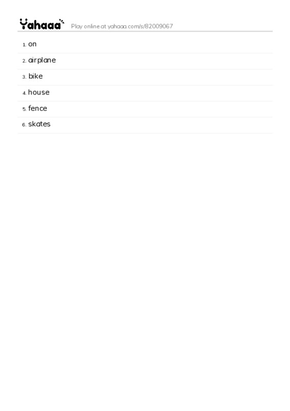 Word list with meanings worksheet for on, airplane, bike and 3 more